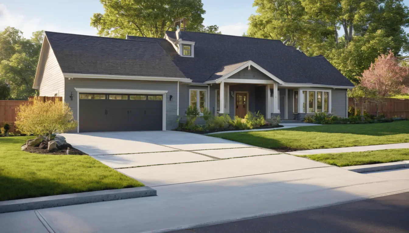 Freshly poured concrete driveway with a smooth broom finish beside a frame house in Mequon